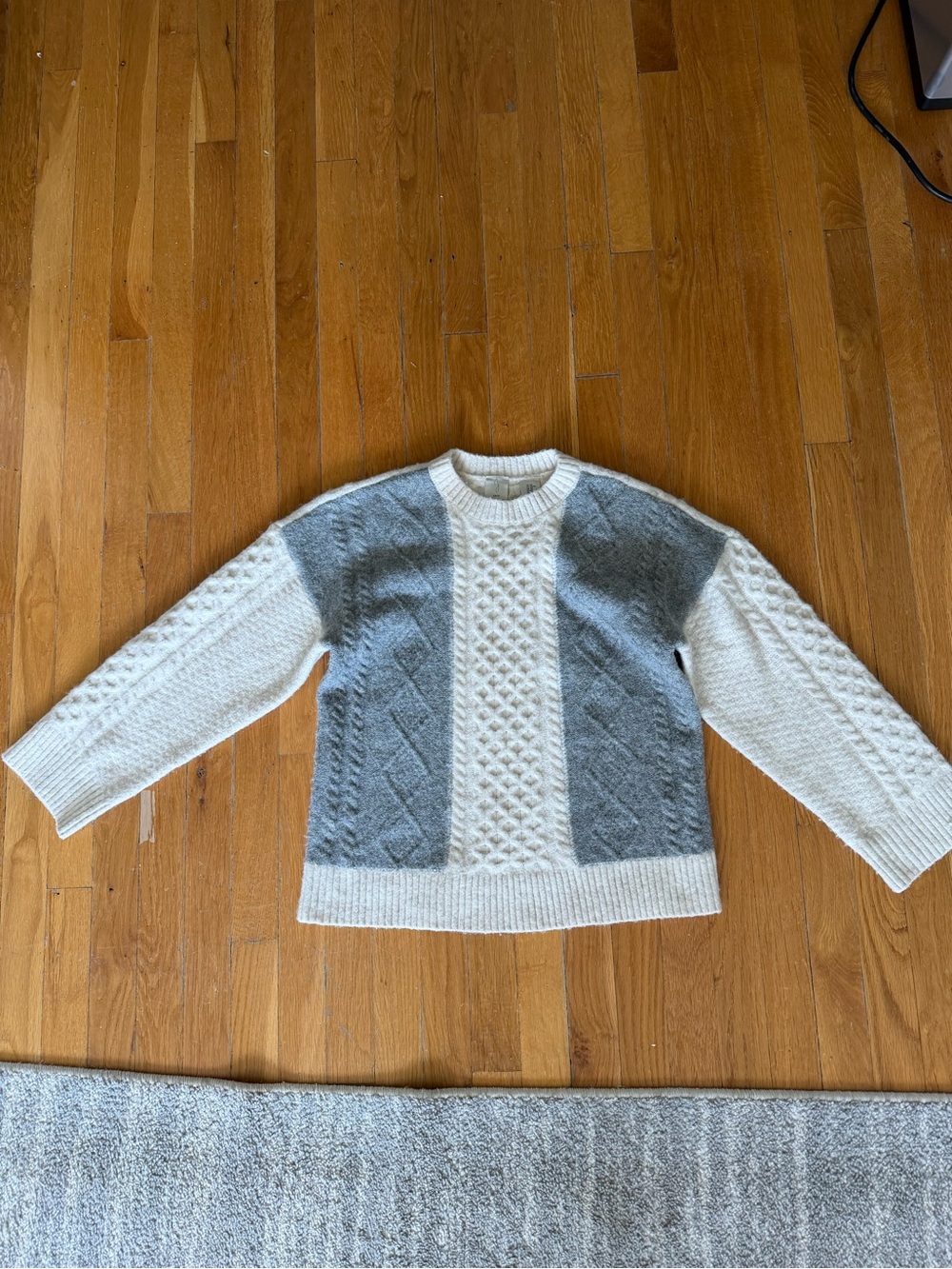 Joie Two-Tone Cable Knit Crew Sweater in Gray & Cream wool blend